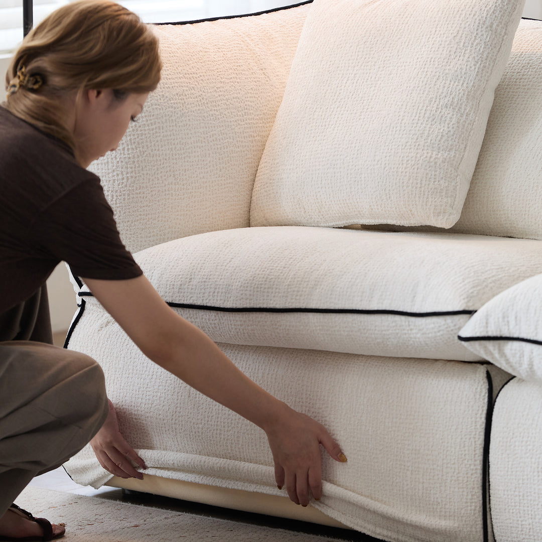 Minimalist chenille velvet fabric 4 seater sofa cloud in real life style.