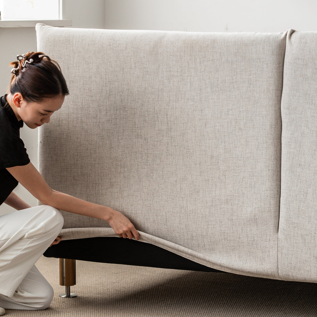 Minimalist cotton fabric oak wood bed evia in panoramic view.