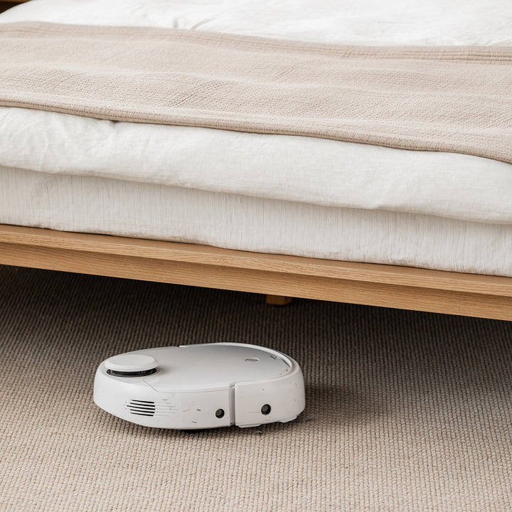 Minimalist cotton fabric oak wood bed evia with context.