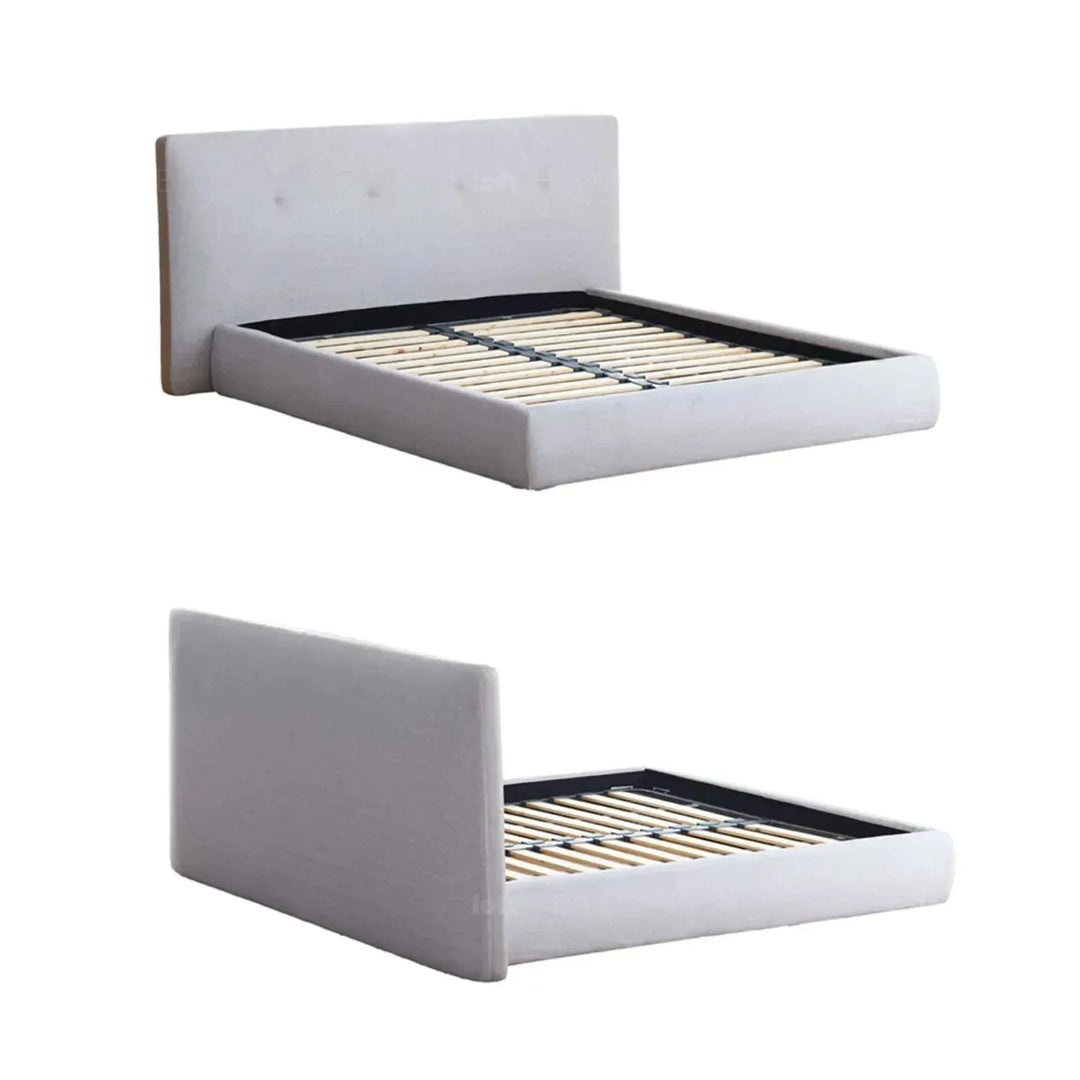 Minimalist fabric bed charles in panoramic view.