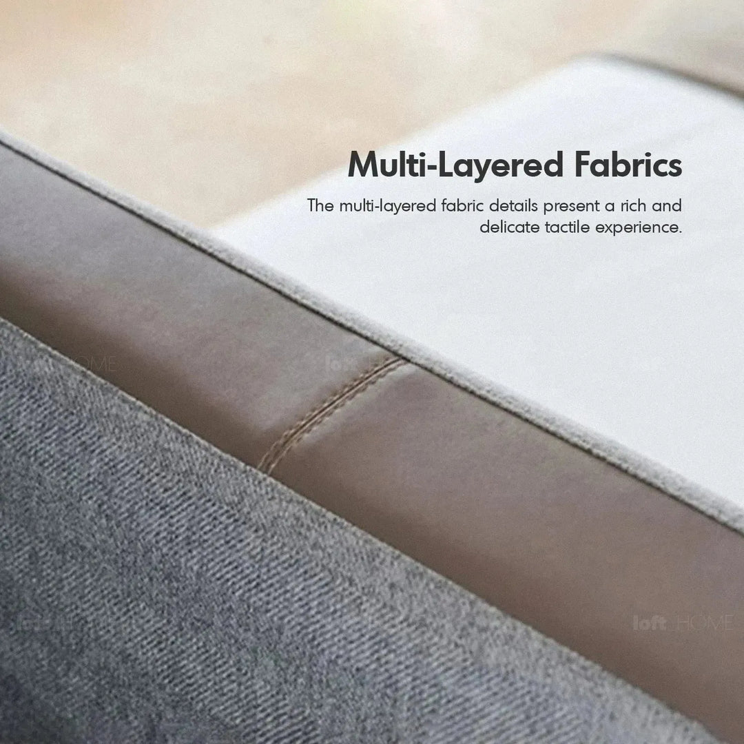 Minimalist fabric bed charles in close up details.