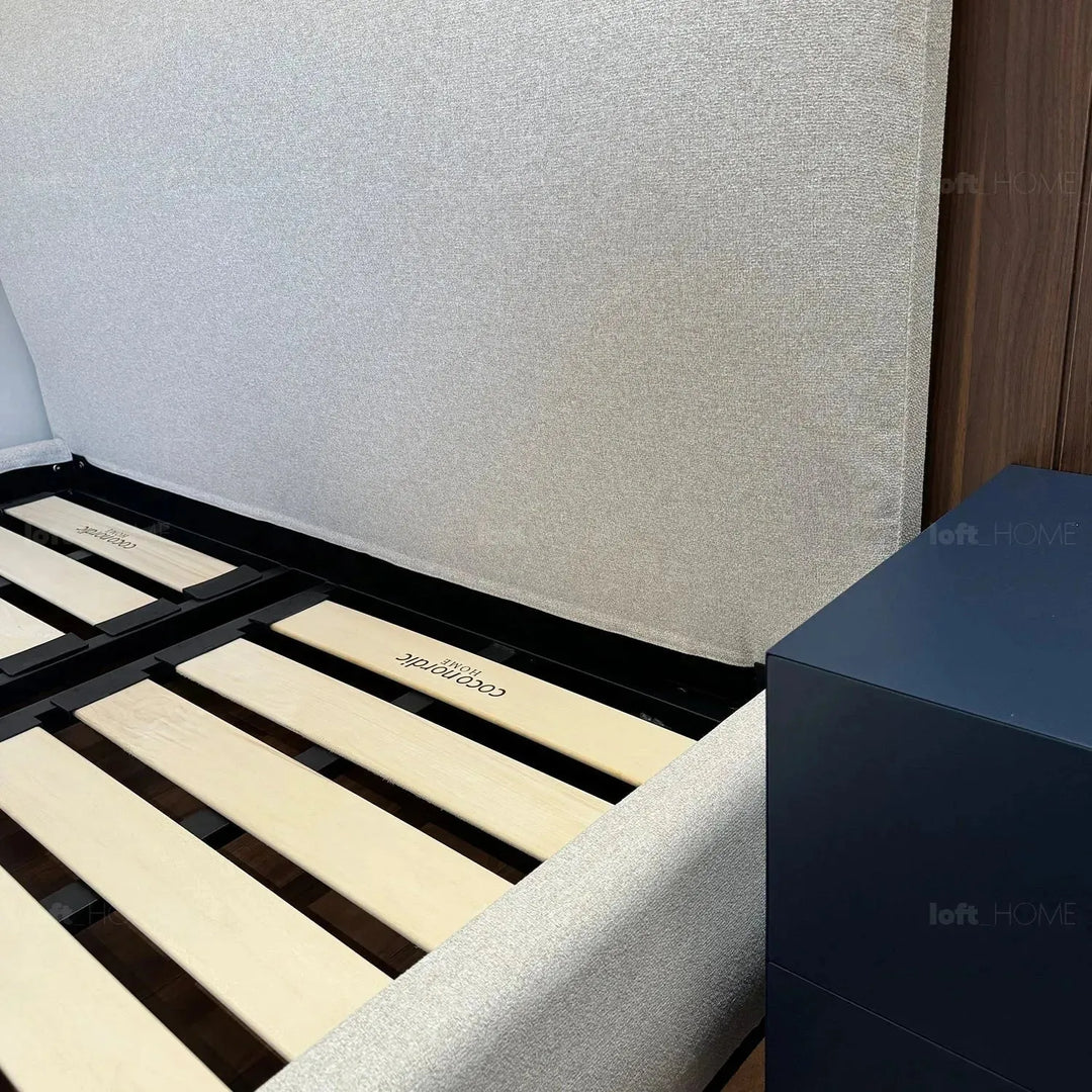 Minimalist fabric bed sino layered structure.