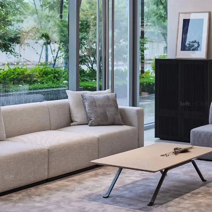 Minimalist fabric l shape sectional sofa nemo 3+l in close up details.