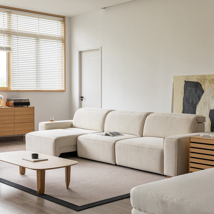 Minimalist genuine leather electric recliner 4 seater sofa bed string in close up details.