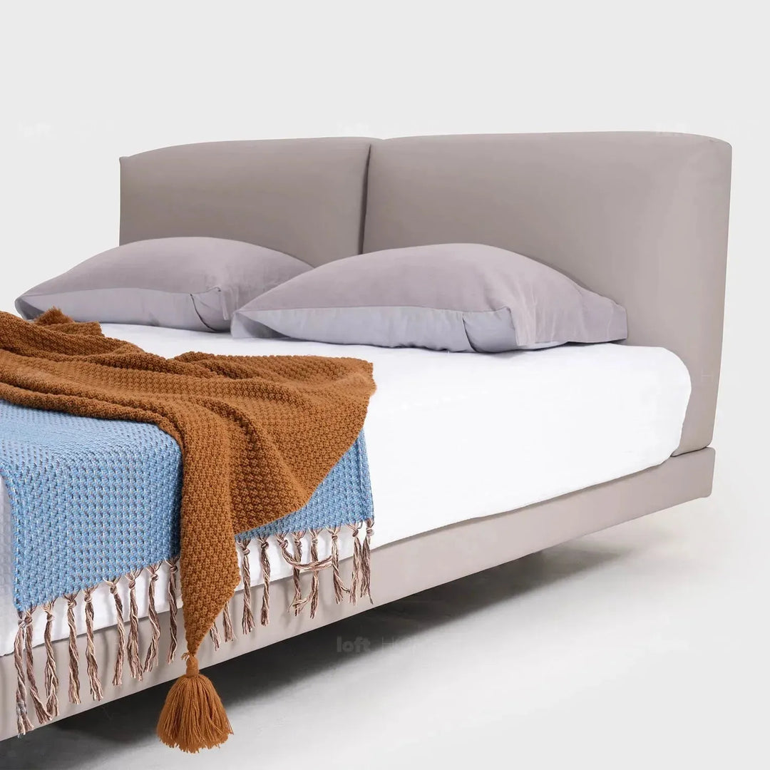 Minimalist genuine leather floating bed bence in real life style.