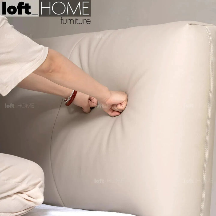 Minimalist genuine leather floating bed fides in details.