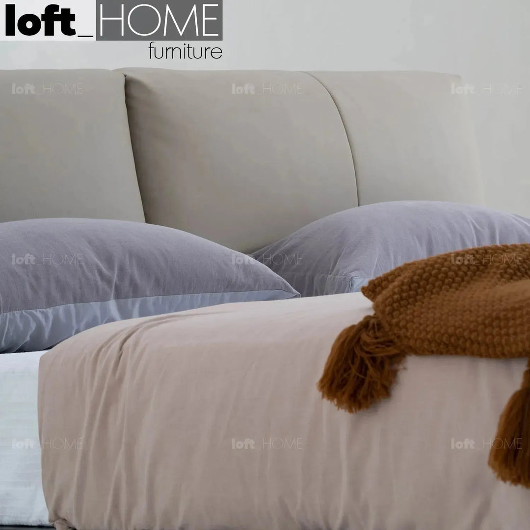 Minimalist genuine leather floating bed fides in panoramic view.