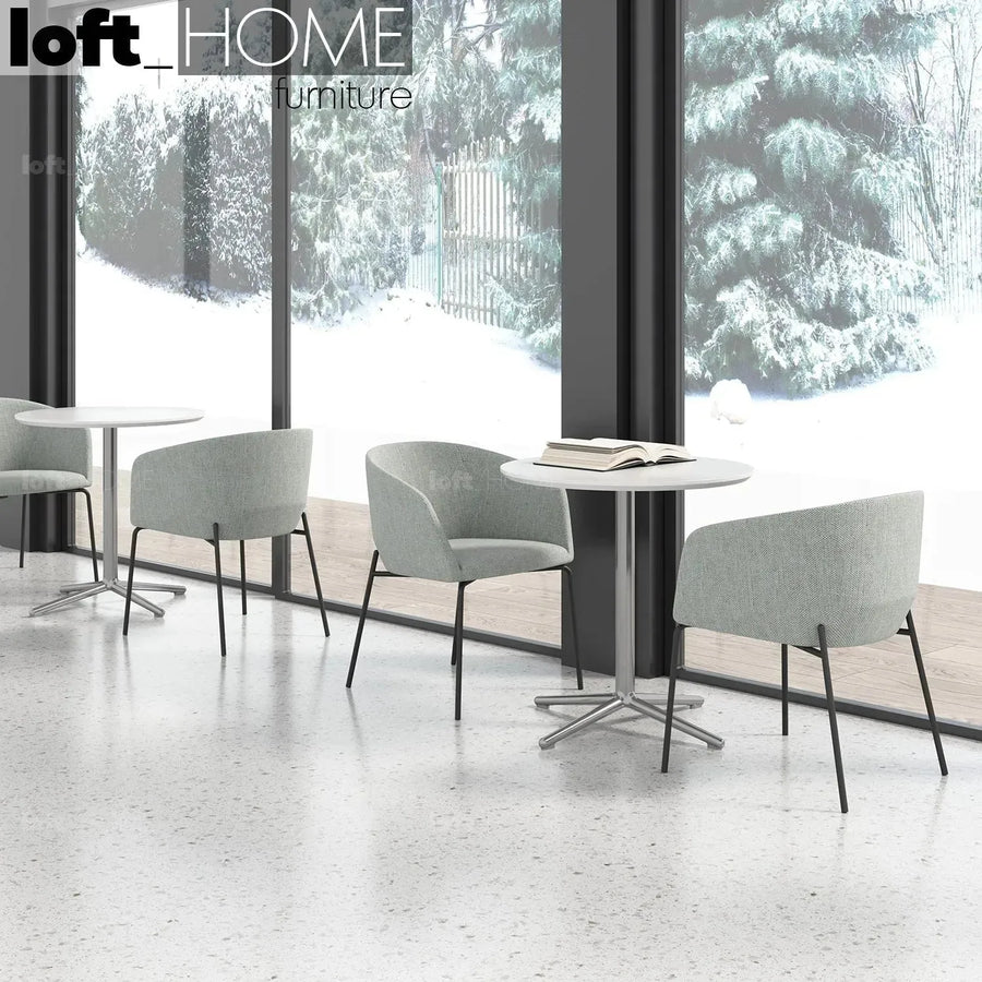 Industrial metal fabric dining chair slicing primary product view.