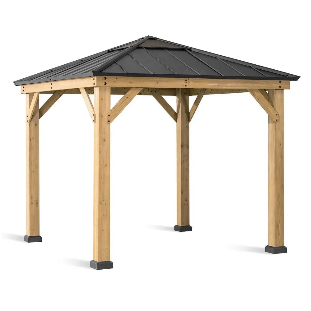 Rustic outdoor gazebo harmony in white background.
