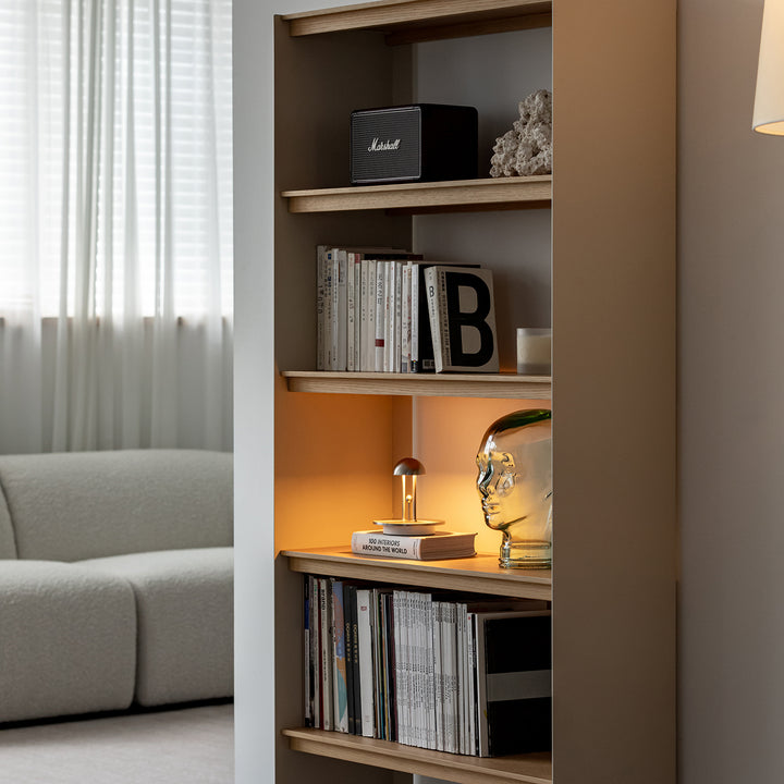 Minimalist stainless steel bookshelf aesop color swatches.