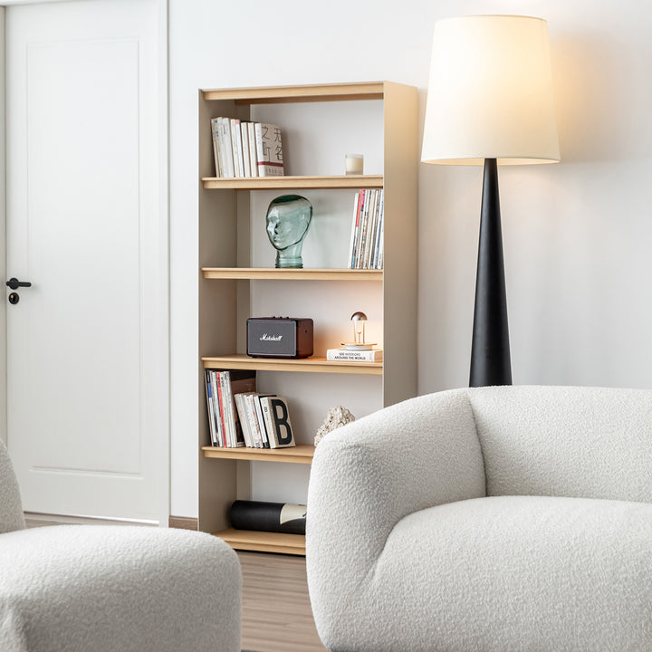 Minimalist stainless steel bookshelf aesop in panoramic view.
