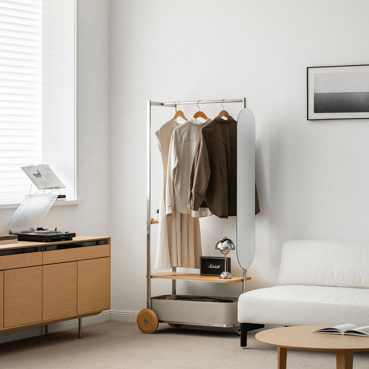 Minimalist stainless steel clothes hanger hera in details.