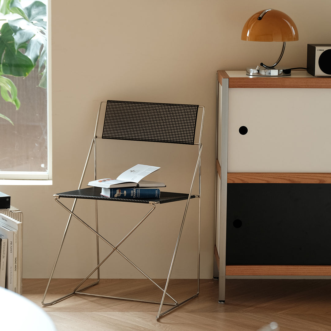 Minimalist steel dining chair x-line size charts.