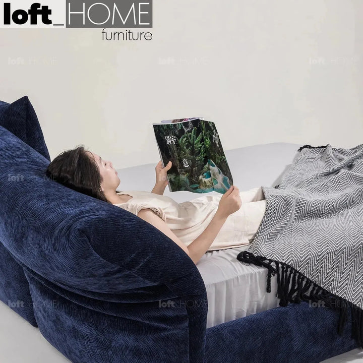 Contemporary velvet fabric bed standard in close up details.