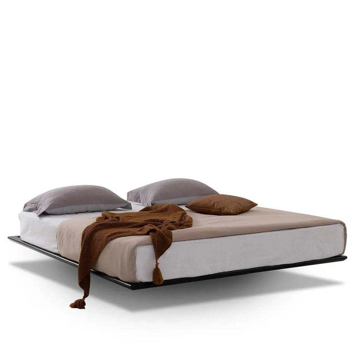 Minimalist wood floating bed anja in white background.