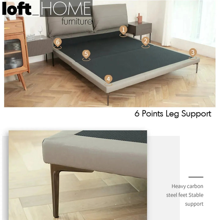 Modern genuine leather bed deon in close up details.