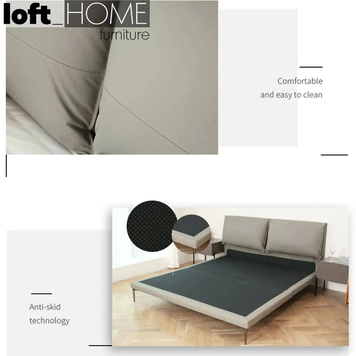 Modern genuine leather bed deon in panoramic view.