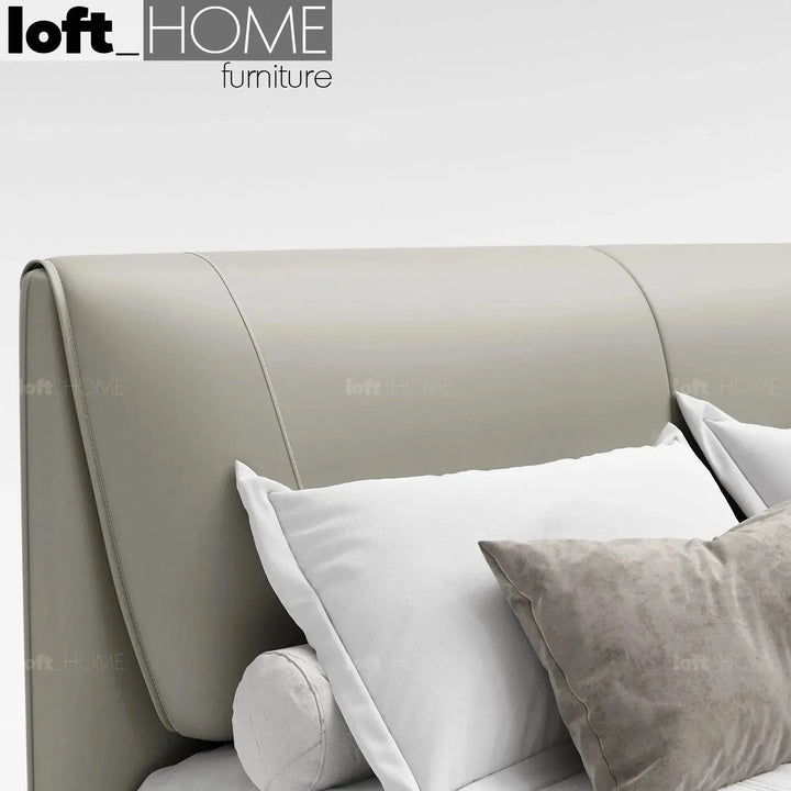 Modern genuine leather bed keanu in panoramic view.