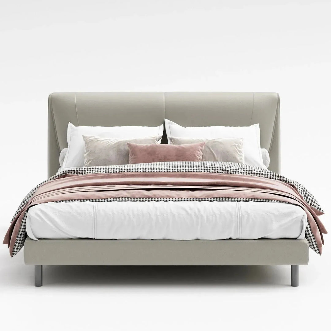 Modern genuine leather bed keanu in close up details.