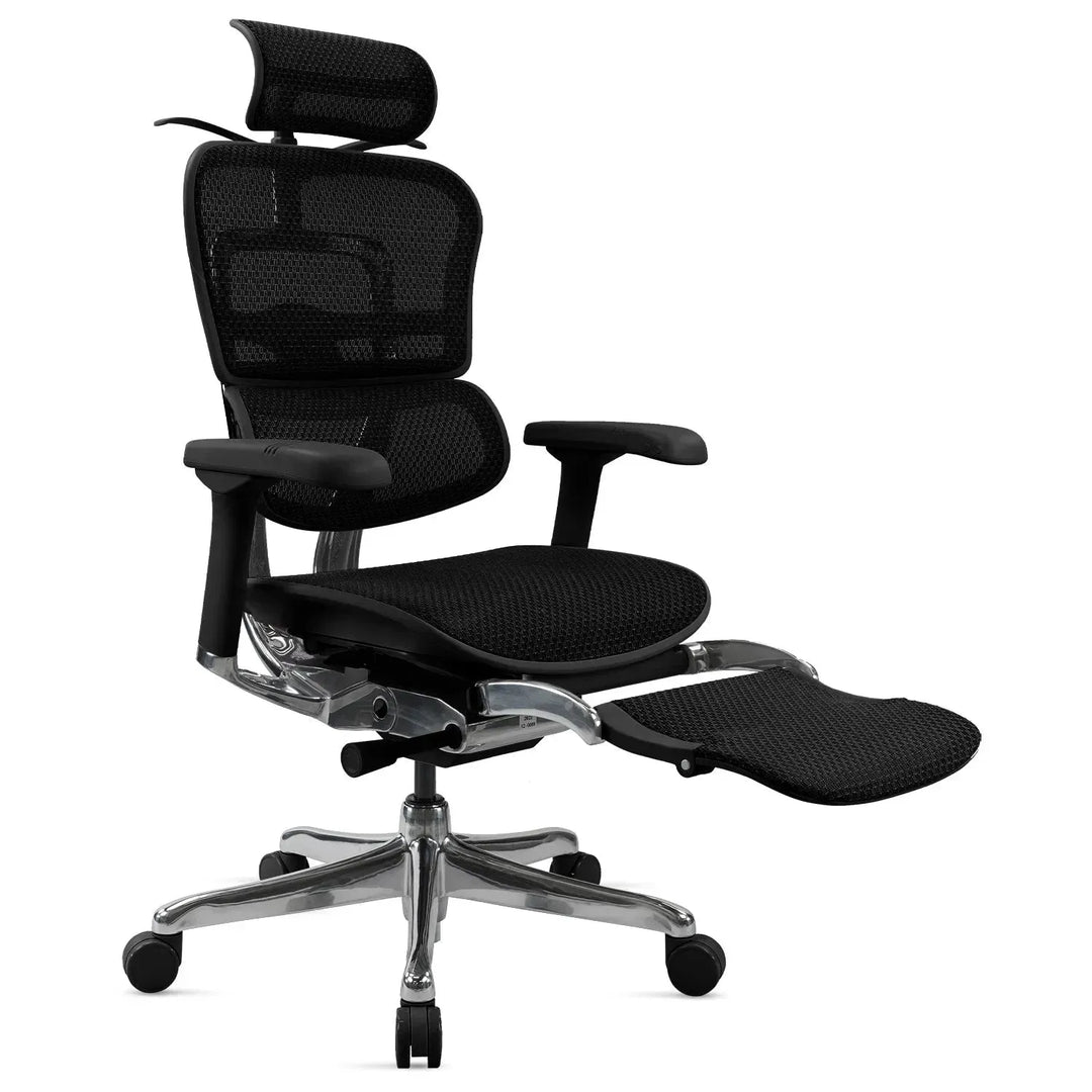Modern mesh ergonomic office chair black frame with legrest ergohuman e2 layered structure.