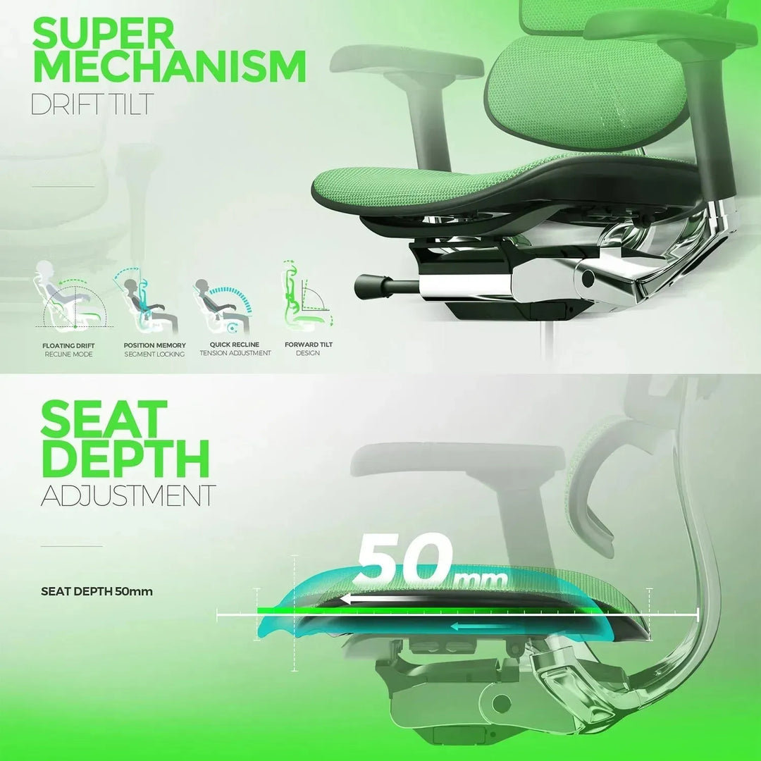 Modern mesh ergonomic office chair black frame with legrest ergohuman e2 in close up details.