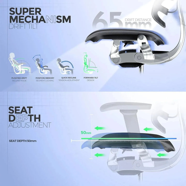 Modern mesh  ergonomic office chair grey frame with legrest ergohuman e2 in close up details.