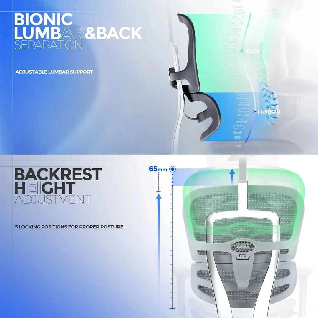 Modern mesh  ergonomic office chair grey frame with legrest ergohuman e2 in details.