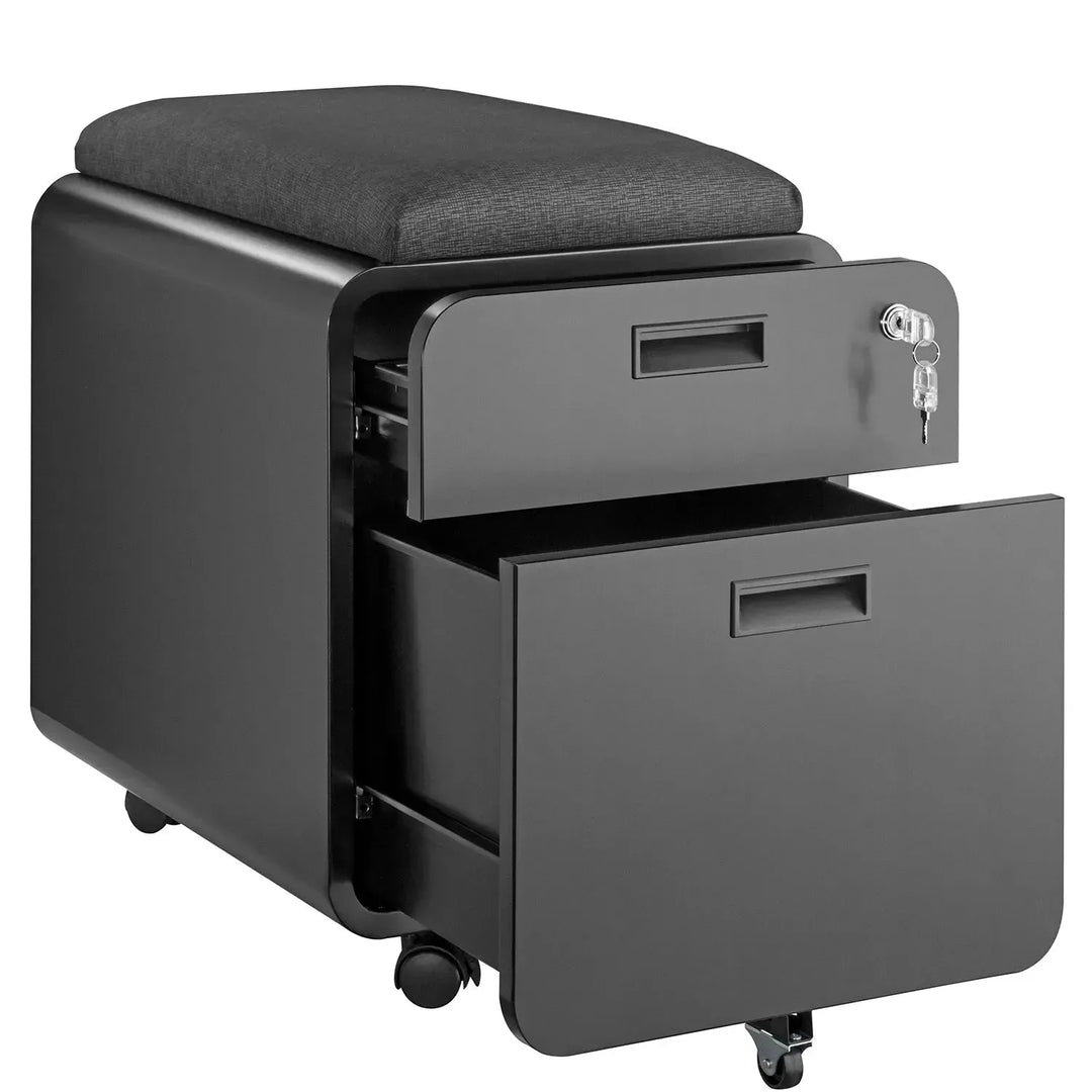 Modern metal two drawer locking mobile file cabinet with seat conceptual design.