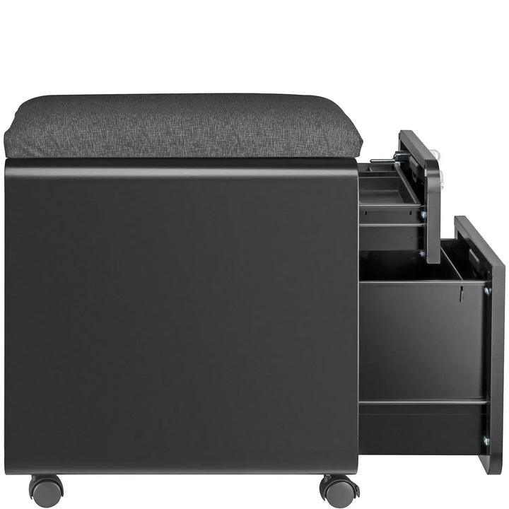 Modern metal two drawer locking mobile file cabinet with seat situational feels.