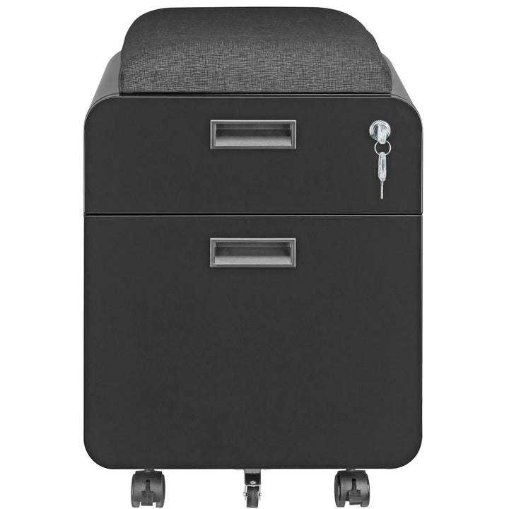 Modern metal two drawer locking mobile file cabinet with seat in still life.