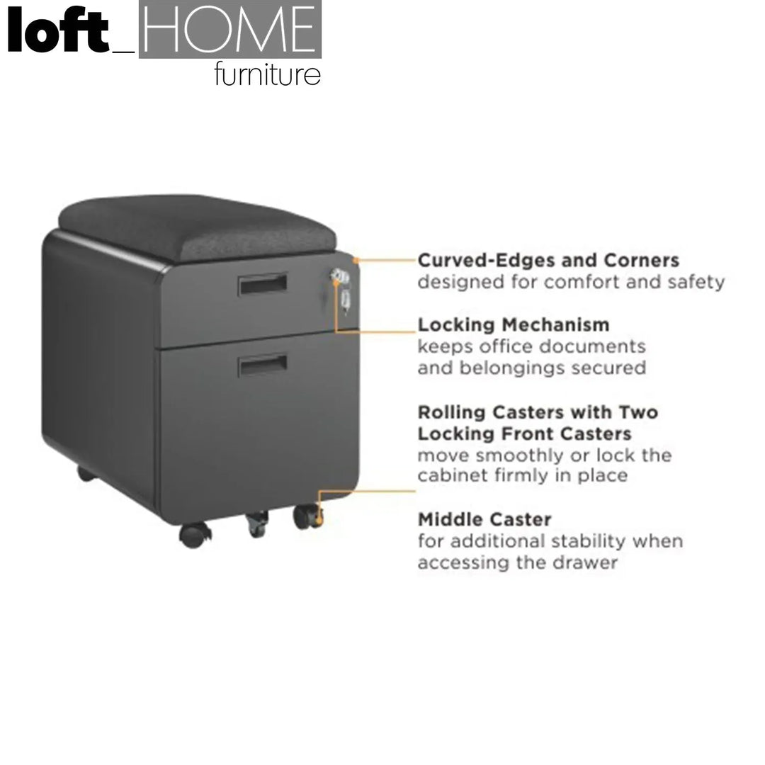 Modern metal two drawer locking mobile file cabinet with seat color swatches.