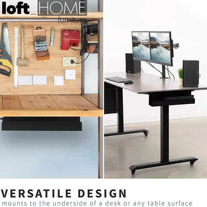 Modern metal under desk cable tray organizer decor in details.