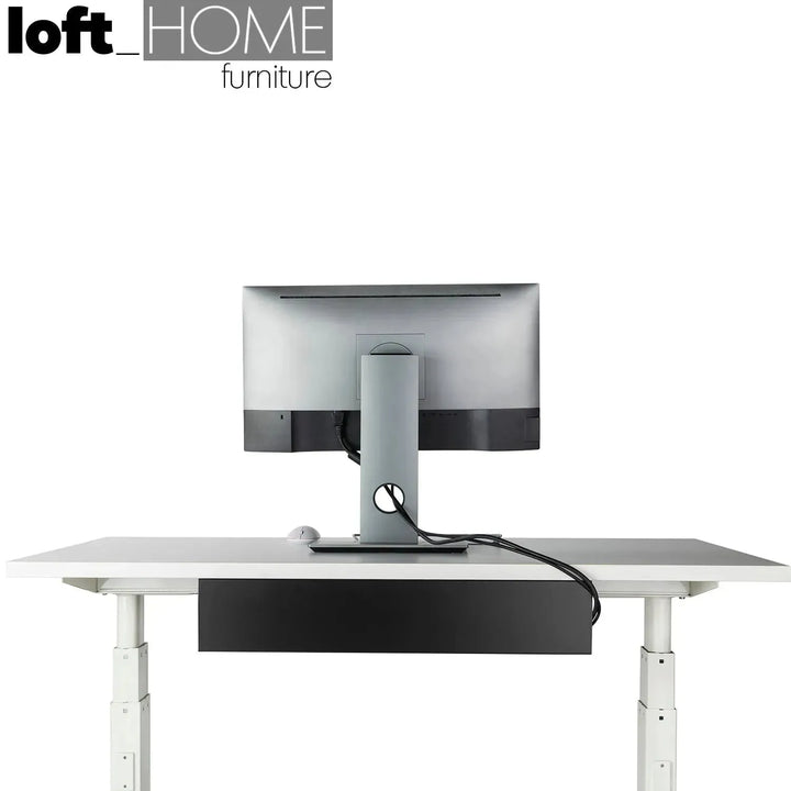 Modern metal under desk cable tray organizer decor in close up details.