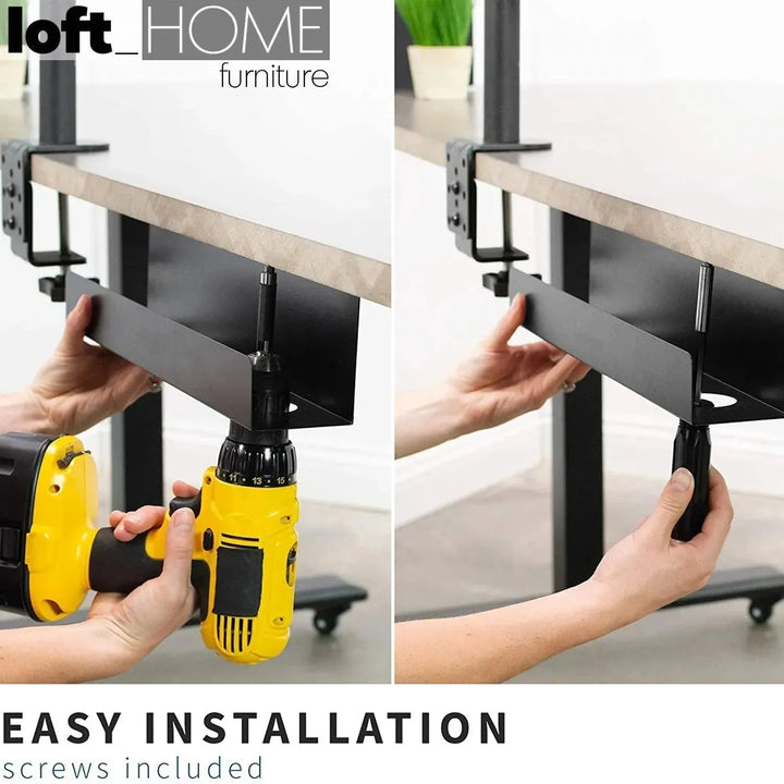 Modern metal under desk cable tray organizer decor with context.