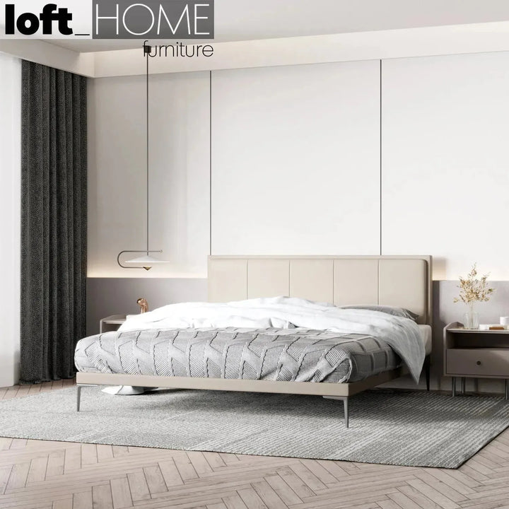 Modern microfiber leather bed lincoln in panoramic view.