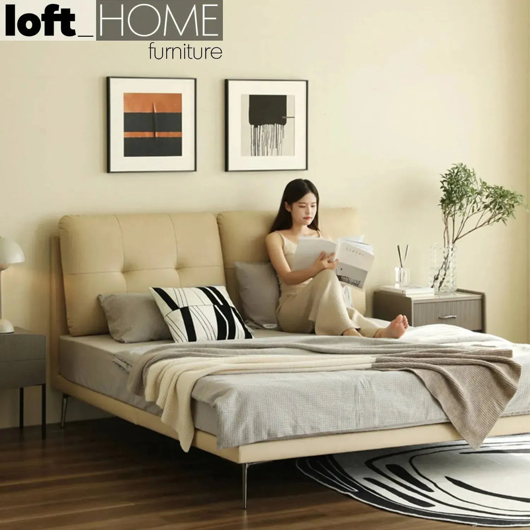 Modern microfiber leather bed poole in panoramic view.