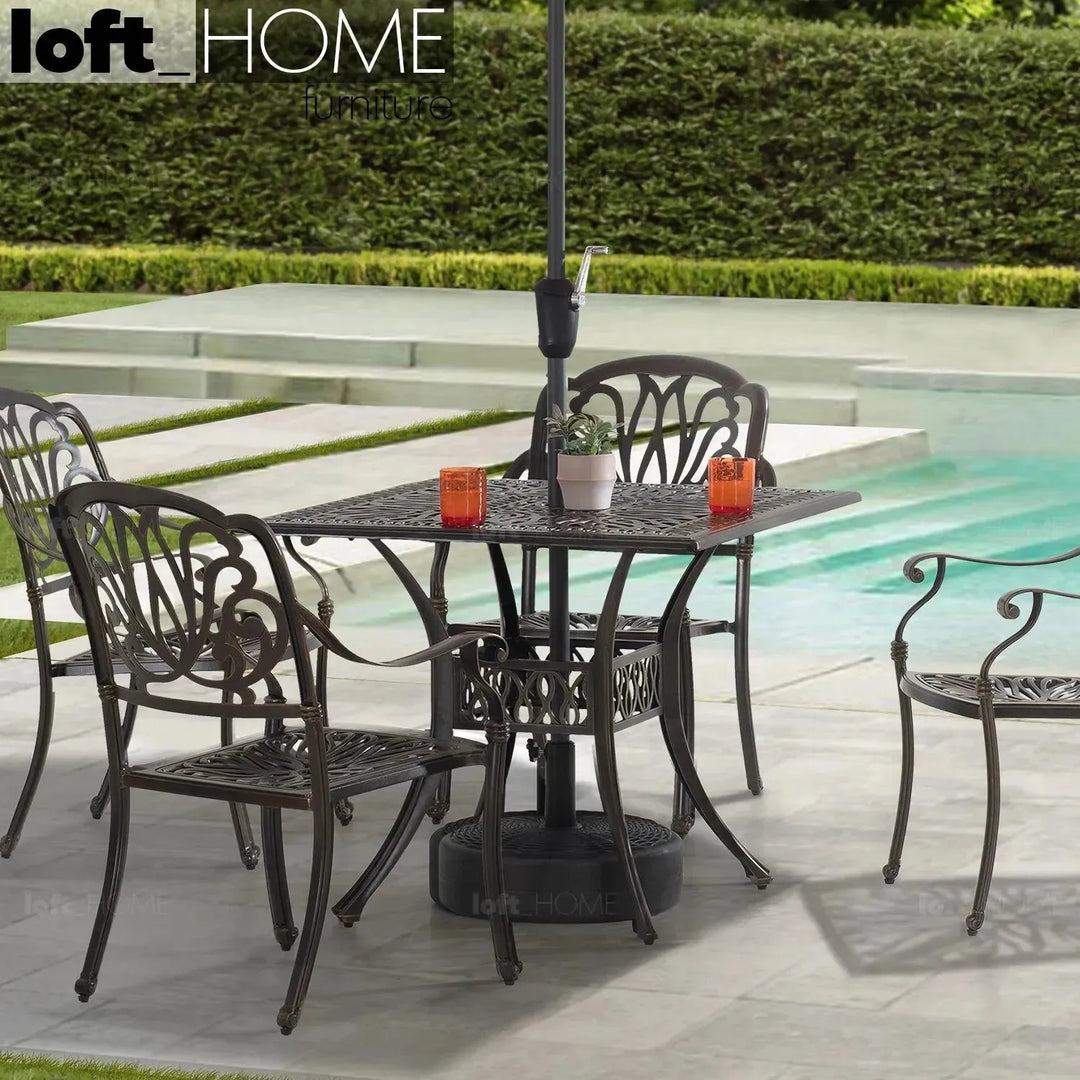 Industrial outdoor dining table artistry color swatches.