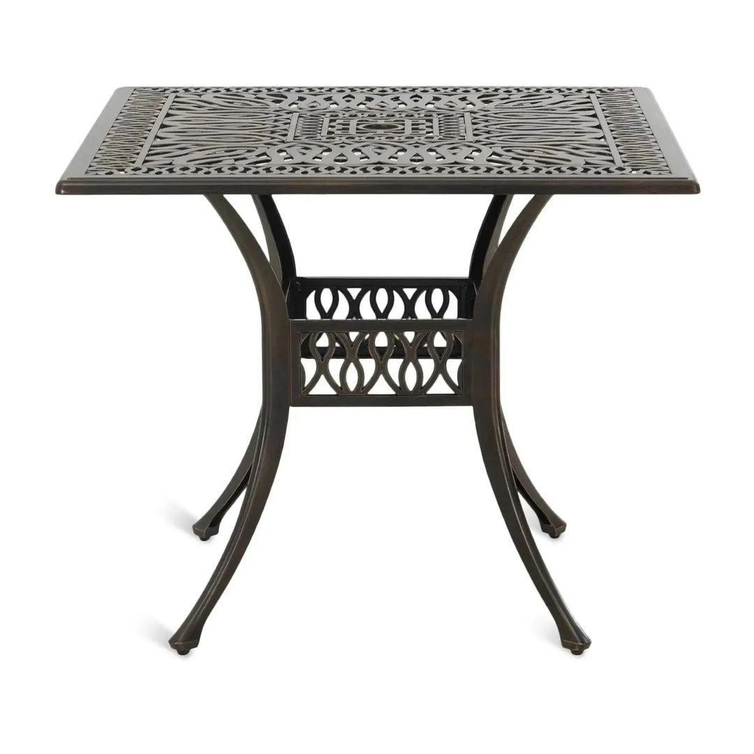 Industrial outdoor dining table artistry in white background.