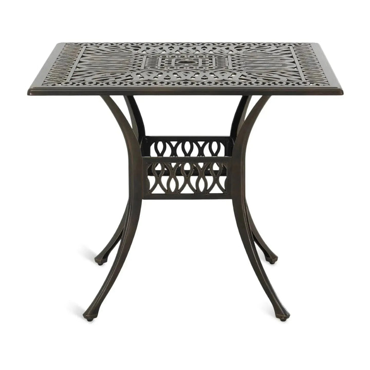Industrial outdoor dining table artistry in white background.
