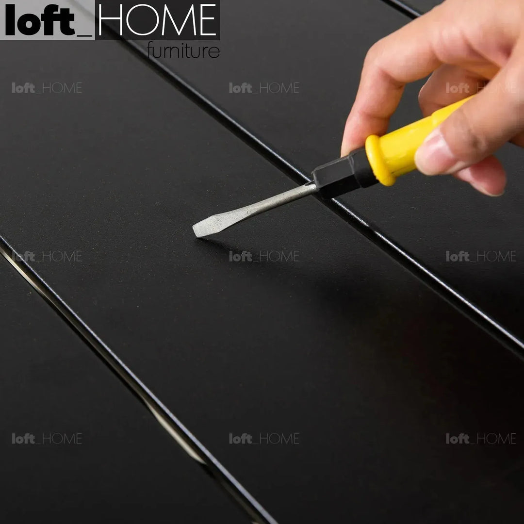 Industrial outdoor dining table patio in still life.