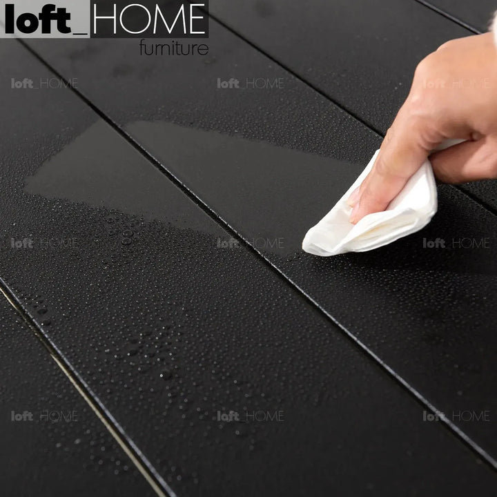 Industrial outdoor dining table patio in panoramic view.