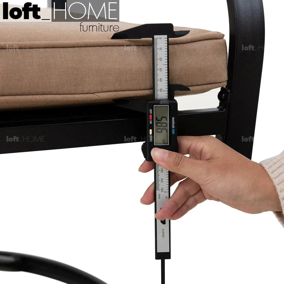 Industrial outdoor revolving dining chair patio in panoramic view.