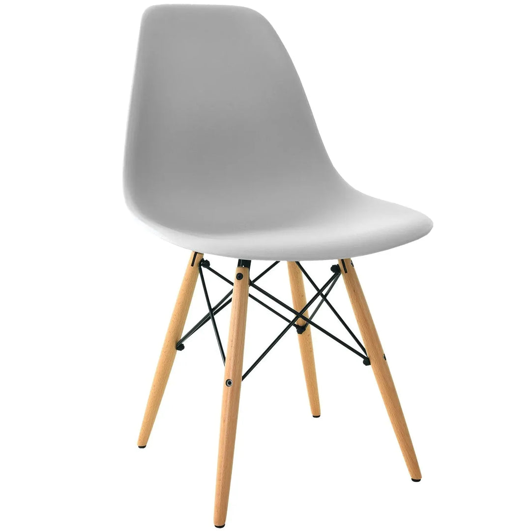 Contemporary plastic dining chair eames grey in white background.