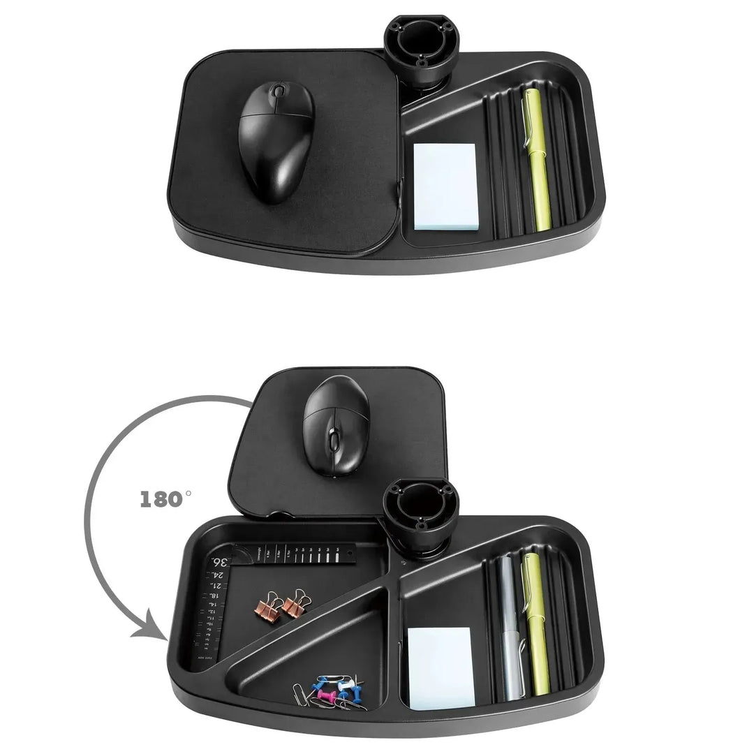 Modern plastic under desk swivel storage tray with mouse platform decor in still life.