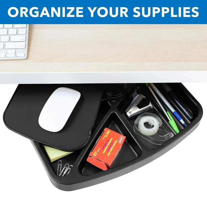 Modern plastic under desk swivel storage tray with mouse platform decor material variants.