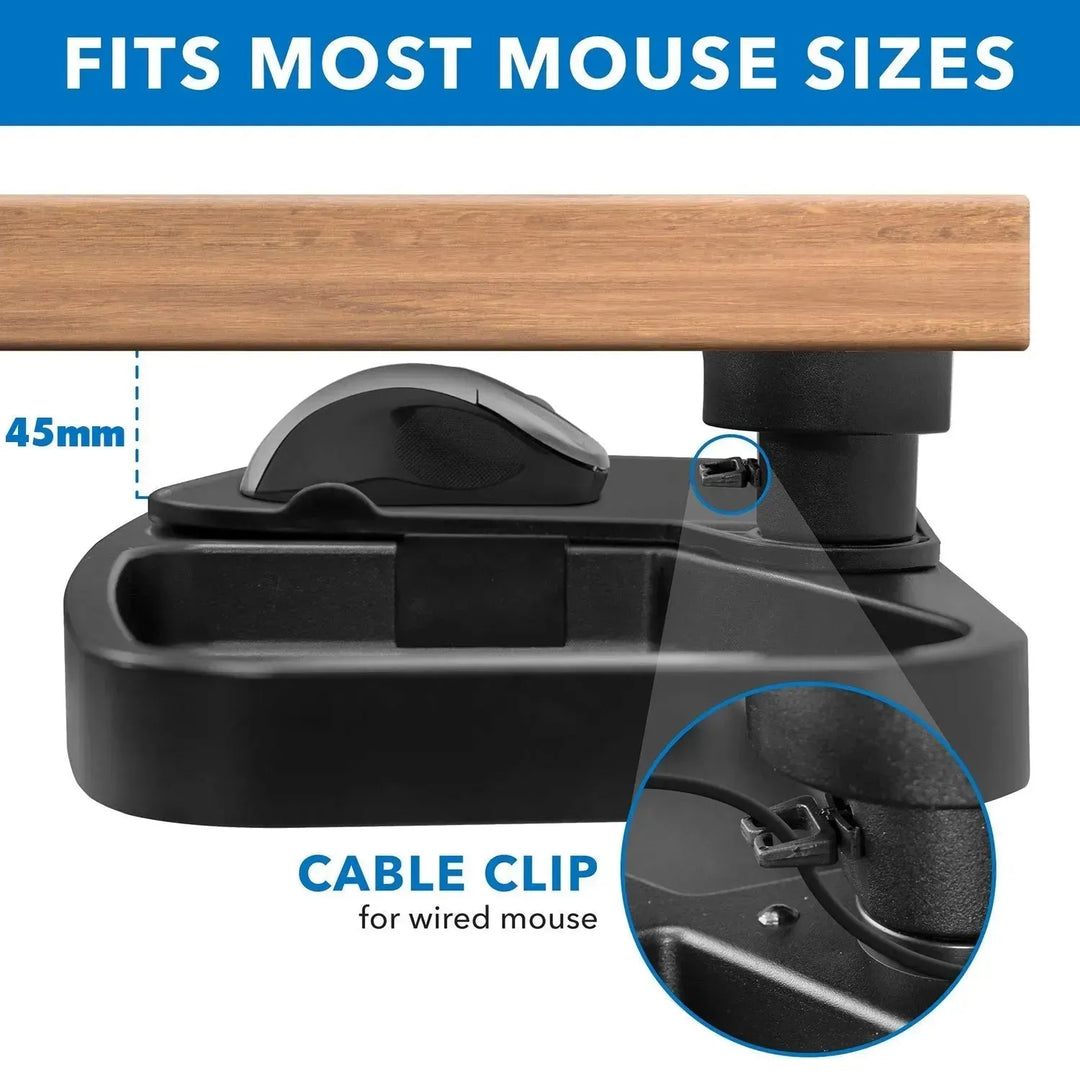 Modern plastic under desk swivel storage tray with mouse platform decor in details.