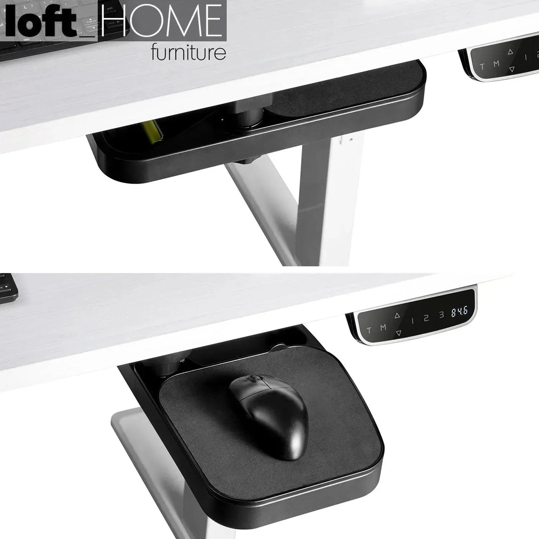 Modern plastic under desk swivel storage tray with mouse platform decor in panoramic view.