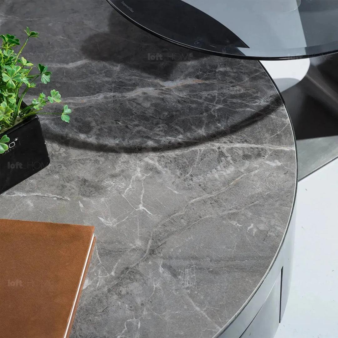 Modern sintered stone coffee table 2pcs set bonis grey in close up details.