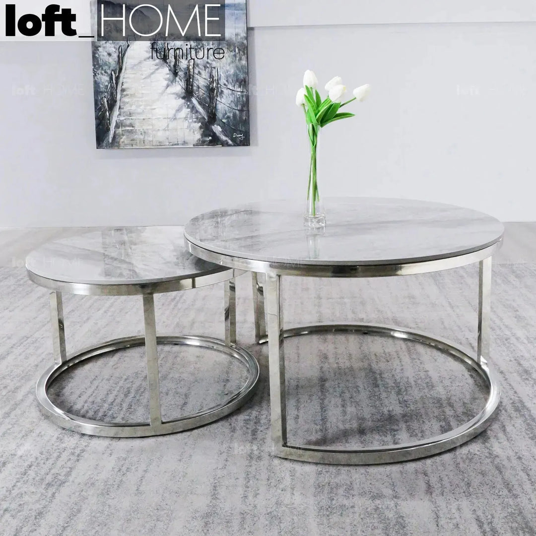 Modern sintered stone coffee table silver in real life style.