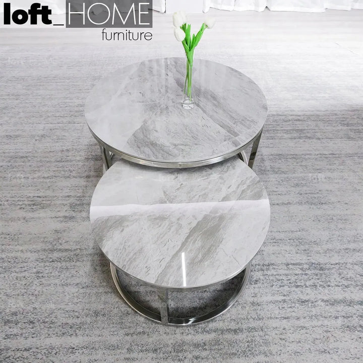 Modern sintered stone coffee table silver in details.
